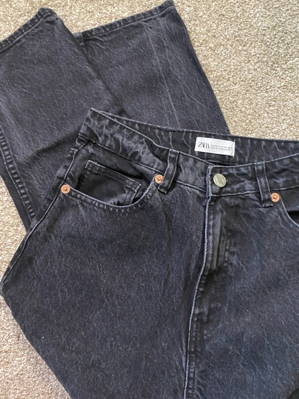 Zara 100% Cotton Denim Washed Black Relaxed Jeans